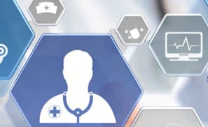 Floating hexagons with various healthcare symbols