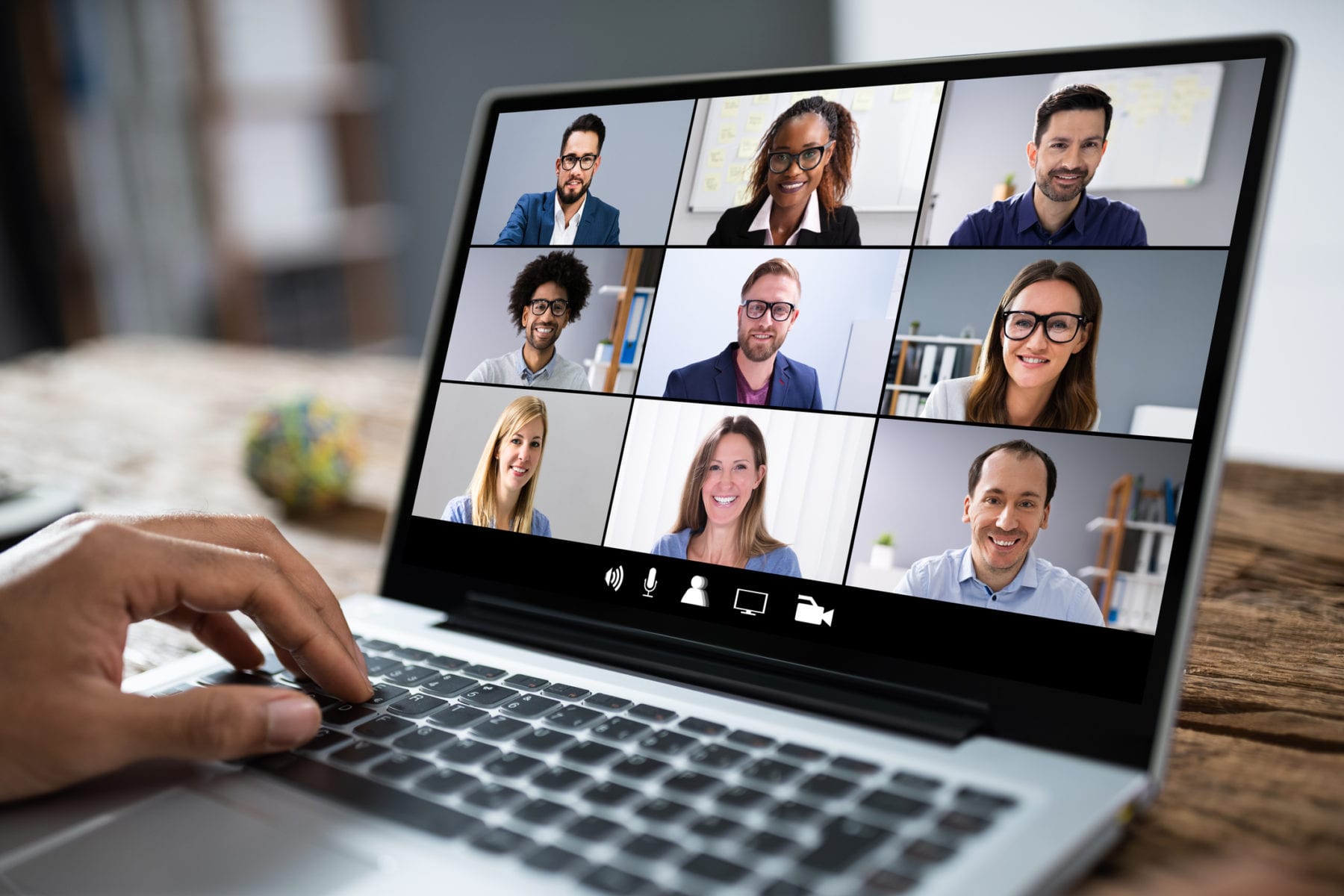 Business conference video call on laptop